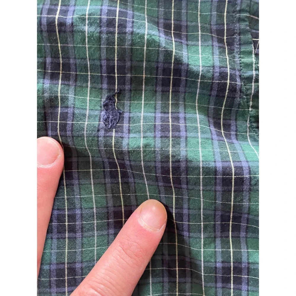 Polo Ralph Lauren Boys Green Navy Plaid Button Down Shirt Size 5 Long Sleeve